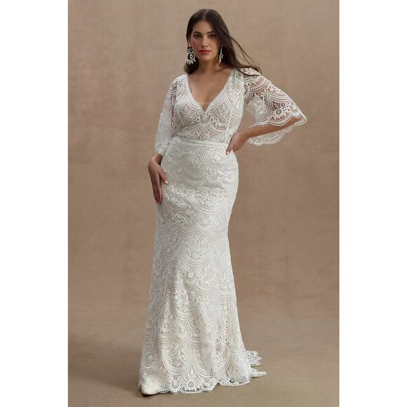BHLDN x Rish Halel Dresses & Skirts - BHLDN Rish Haleh Flutter-Sleeve Lace V-Neck Fit & Flare Wedding Gown 22W NWT
